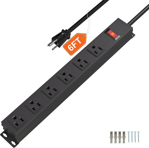 شريط طاقة مع 6 منافذ بطول 6 أقدام UL 14AWG سلك قابس مستقيم للأغراض التجارية والصناعية والمدرسة والمنزل، 15 أمبير 125 فولت 1875 وات، معتمد من ETL ومدرج في القائمة، أسود 6 أقدام (عبوة واحدة) in Kuwait