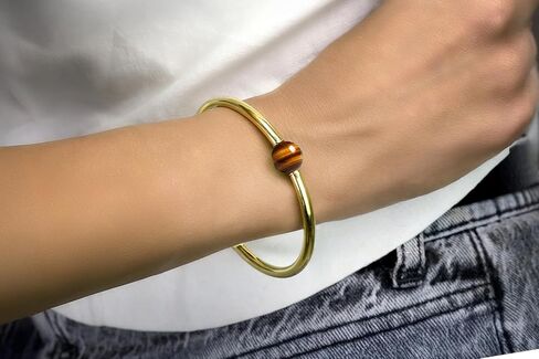 14k Gold Tiger Eye Bangle – Handmade Solid Bracelet with Single Gemstone – Women's Confidence Statement Jewelry in Kuwait