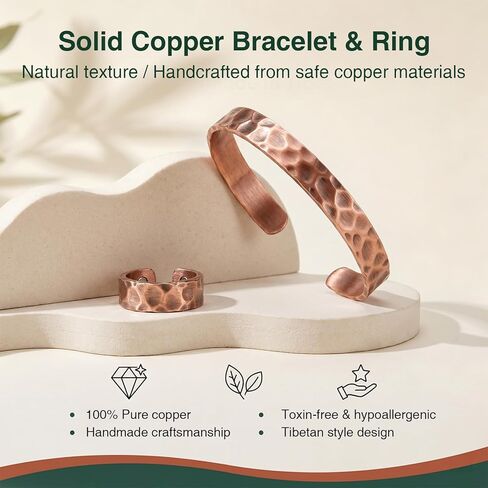 Copper Bracelets for Women Men Set, 100% Solid Real Pure Handmade Hammered Copper & Rings Jewelry Bracelet in Kuwait