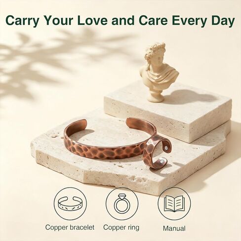 Copper Bracelets for Women Men Set, 100% Solid Real Pure Handmade Hammered Copper & Rings Jewelry Bracelet in Kuwait
