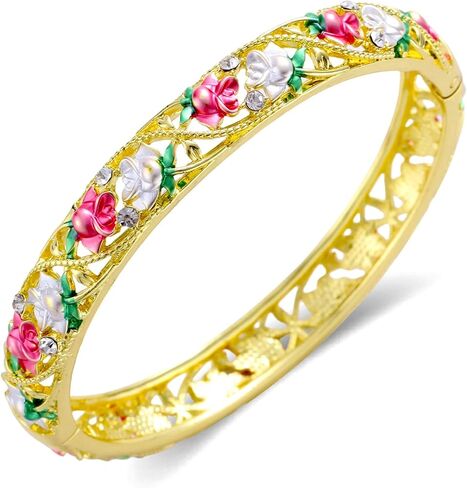 Cloisonne 18K Gold Plated Bangle Bracelets for Women, Enamel Craft Jewelry-Floral Element , Retro Fashion Palace Style, 7.42'' Circumference Diameter Fits Most Adults, Perfect Jewelry Gift Idea for Her, Girlfriend, Wife, Mom, Sister, Lover on Birthday, Ch in Saudi Arabia