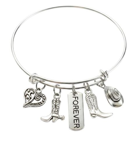 Cowboy Charm Bracelet for Women - Western Horse Jewelry with Cowboy Boots and Hat - Expandable Silver Plated Bangle - Country Themed Gift for Cowgirls - Handmade Adjustable Jewelry in Kuwait