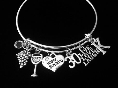 Personalized 30th Birthday Charm Bracelet for Women - 30 Years Old Birthday Gift for Her - Expandable Silver Bangle with Live Love Laugh Charms - Handmade Jewelry for Daughter Sister Best Friend in Kuwait