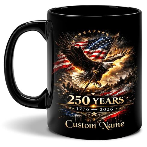 Personalized Patriotic Mug, 250th USA Anniversary 4th of July Gift for Men Women, One Nation Under God Eagle Flag Cross Design, Custom Name Black Ceramic Coffee Cup in Kuwait