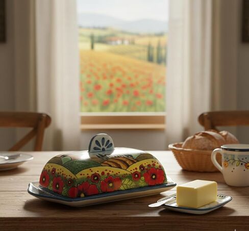 CERAMICHE D'ARTE PARRINI- طبق زبدة سيراميك إيطالي مرسومة يدويًا مزين بمناظر طبيعية الخشخاش صنع في إيطاليا فخار فني توسكاني in Kuwait