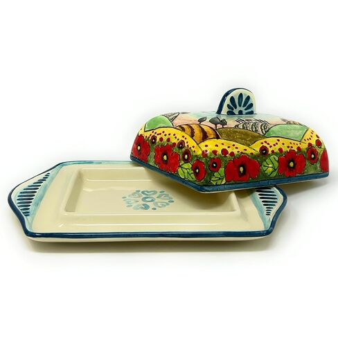 CERAMICHE D'ARTE PARRINI- طبق زبدة سيراميك إيطالي مرسومة يدويًا مزين بمناظر طبيعية الخشخاش صنع في إيطاليا فخار فني توسكاني in Kuwait