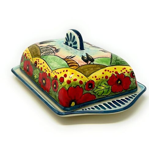 CERAMICHE D'ARTE PARRINI- طبق زبدة سيراميك إيطالي مرسومة يدويًا مزين بمناظر طبيعية الخشخاش صنع في إيطاليا فخار فني توسكاني in Kuwait