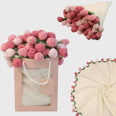 Handmade Crochet Rose Flower Bouquet Blanket, Pink Knitted Romantic Gift for Women Mom Wife Girlfriend, Home Decor for Mother’s Day Valentine Wedding Anniversary Birthday (Pink) in Kuwait