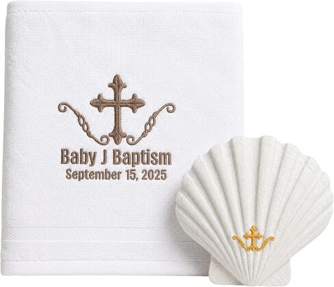 Personalized Baptism Bath Towel & Baptism Shell Gift Set | Catholic Baptism Gift for Boys Girls Baby | Embroidered Christian Keepsake Towel with Custom Name Date in Kuwait