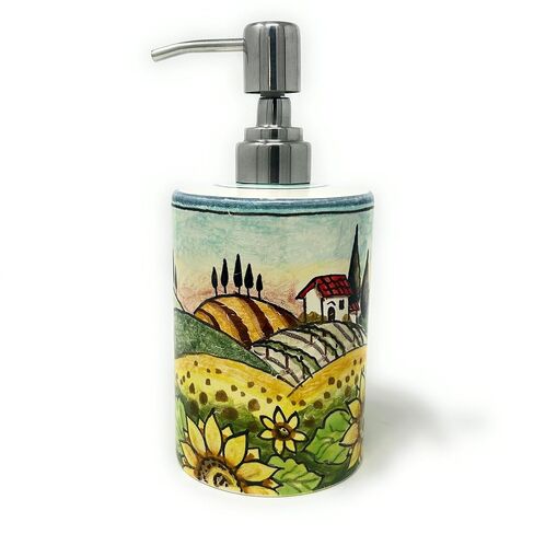 CERAMICHE D'ARTE PARRINI - Italian Ceramic Soap Dispenser with Rust Proof Stainless for Bathroom,Kitchen Hand Painted Pattern Tuscan Landscape Sunflowers Made in ITALY in Kuwait