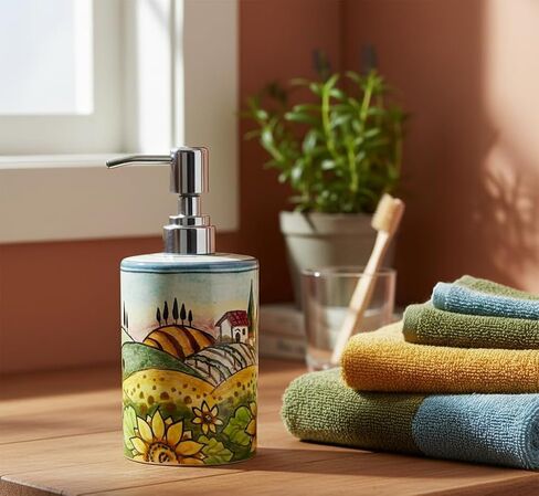 CERAMICHE D'ARTE PARRINI - Italian Ceramic Soap Dispenser with Rust Proof Stainless for Bathroom,Kitchen Hand Painted Pattern Tuscan Landscape Sunflowers Made in ITALY in Kuwait