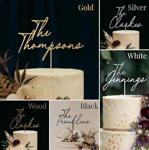 Personalized Wedding Cake Topper, Custom Lastnames"Wood Cake Decor, Available in Gold, Silver, Black, White, & Natural Wood (Design 11) in Saudi Arabia