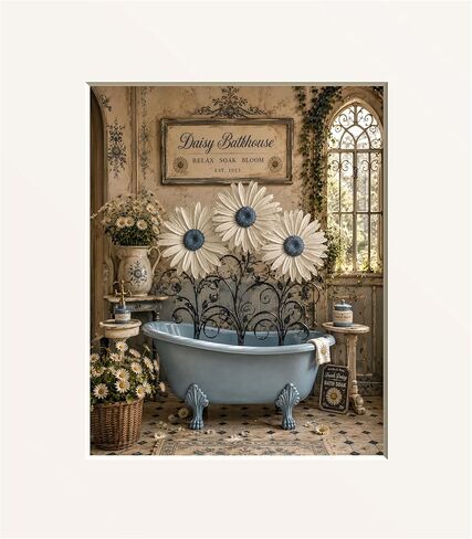 Vintage Daisy Bathroom Wall Art – Cottagecore Floral Bath Decor with Blue Clawfoot Tub – French Country Botanical Spa Print – Rustic Shabby Chic Bathroom Matted Decor (Blue Daisy Tub) in Kuwait