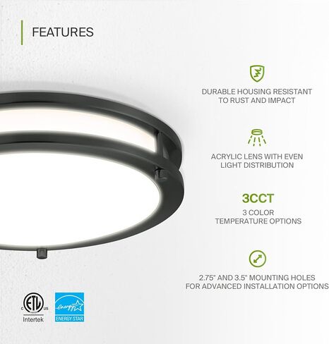 ASD LED 12 "إضاءة مستديرة مثبتة على السقف، قريبة من تركيبات إضاءة السقف | 3CCT، قابلة للتعتيم، Energy Star، ETL مدرجة | 20W 1532LM 3000-5000K 120V | مصباح حلقة مزدوجة منخفض | أسود in Kuwait