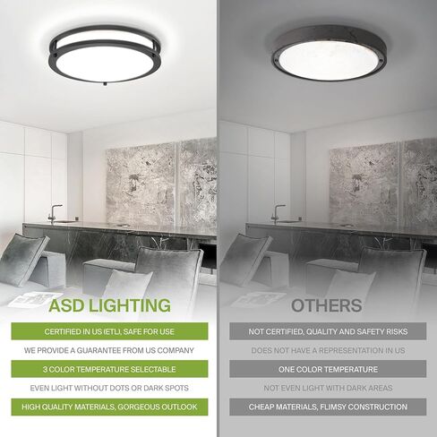 ASD LED 12 "إضاءة مستديرة مثبتة على السقف، قريبة من تركيبات إضاءة السقف | 3CCT، قابلة للتعتيم، Energy Star، ETL مدرجة | 20W 1532LM 3000-5000K 120V | مصباح حلقة مزدوجة منخفض | أسود in Kuwait