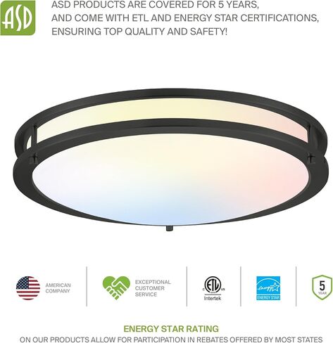 ASD LED 12 "إضاءة مستديرة مثبتة على السقف، قريبة من تركيبات إضاءة السقف | 3CCT، قابلة للتعتيم، Energy Star، ETL مدرجة | 20W 1532LM 3000-5000K 120V | مصباح حلقة مزدوجة منخفض | أسود in Kuwait