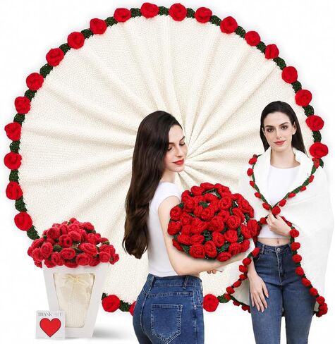 Crochet Rose Flower Bouquet Blanket with Red Rose, Handmade Knitted Throw Blanket, Christmas, Valentine’s Day, Anniversary, Birthday Gifts for Wife, Girlfriend, Fiancée, Lover, 60Inch in Kuwait