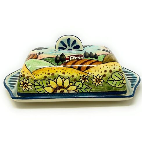 CERAMICHE D'ARTE PARRINI- طبق زبدة سيراميك إيطالي مطلي يدويًا ومزين بمناظر طبيعية لعباد الشمس صنع في إيطاليا فخار فني توسكاني in Kuwait