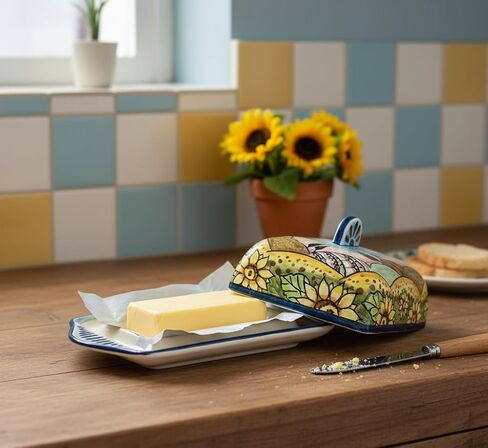 CERAMICHE D'ARTE PARRINI- طبق زبدة سيراميك إيطالي مطلي يدويًا ومزين بمناظر طبيعية لعباد الشمس صنع في إيطاليا فخار فني توسكاني in Kuwait