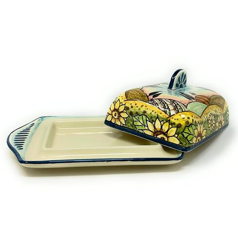 CERAMICHE D'ARTE PARRINI- طبق زبدة سيراميك إيطالي مطلي يدويًا ومزين بمناظر طبيعية لعباد الشمس صنع في إيطاليا فخار فني توسكاني in Kuwait