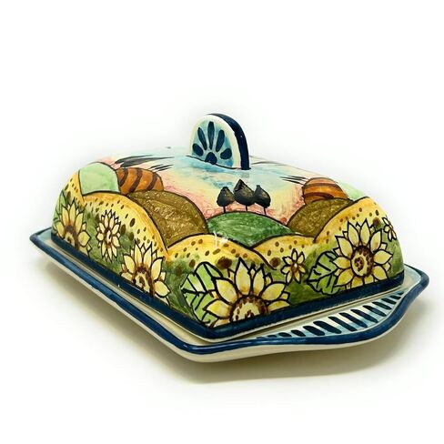 CERAMICHE D'ARTE PARRINI- طبق زبدة سيراميك إيطالي مطلي يدويًا ومزين بمناظر طبيعية لعباد الشمس صنع في إيطاليا فخار فني توسكاني in Kuwait