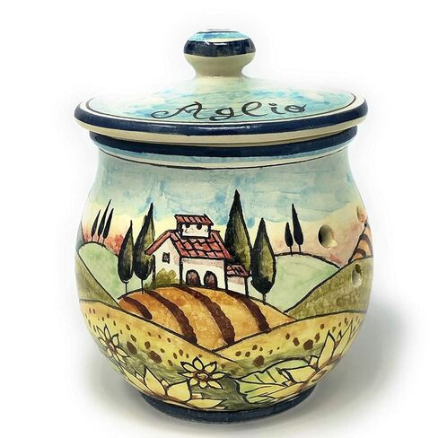 CERAMICHE D'ARTE PARRINI- Italian Ceramic Brings Garlic Jar or Chilli Pepper Peperoncino Holder Hand Painted Decorated Sunflowers Tuscan Landscape Made in ITALY Tuscan Art Pottery in Kuwait