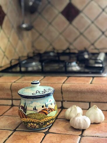 CERAMICHE D'ARTE PARRINI- Italian Ceramic Brings Garlic Jar or Chilli Pepper Peperoncino Holder Hand Painted Decorated Sunflowers Tuscan Landscape Made in ITALY Tuscan Art Pottery in Kuwait