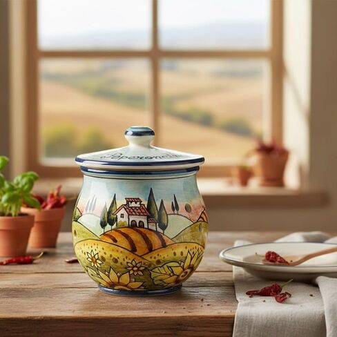 CERAMICHE D'ARTE PARRINI- Italian Ceramic Brings Garlic Jar or Chilli Pepper Peperoncino Holder Hand Painted Decorated Sunflowers Tuscan Landscape Made in ITALY Tuscan Art Pottery in Kuwait