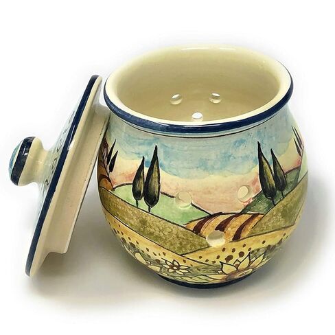 CERAMICHE D'ARTE PARRINI- Italian Ceramic Brings Garlic Jar or Chilli Pepper Peperoncino Holder Hand Painted Decorated Sunflowers Tuscan Landscape Made in ITALY Tuscan Art Pottery in Kuwait