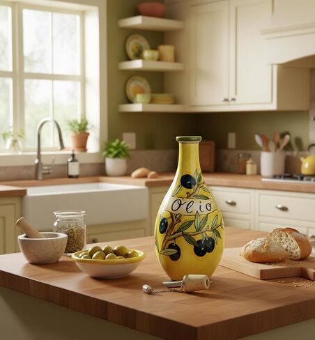 CERAMICHE D'ARTE PARRINI - زجاجة إبريق زيت فخارية من السيراميك الإيطالي مرسومة يدويًا بزيتون مزخرف صنع في توسكان إيطاليا in Kuwait