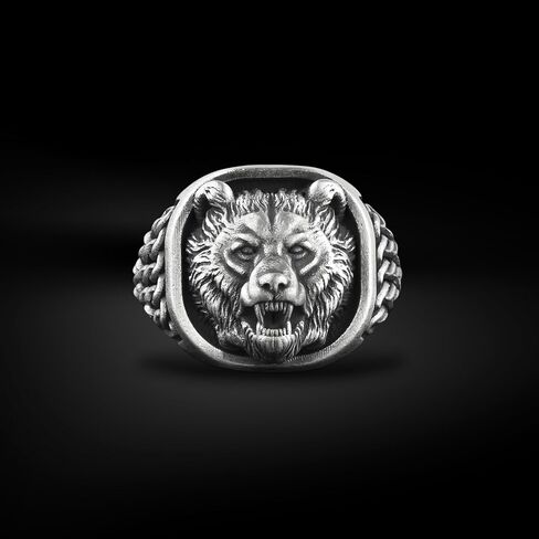 BySilverStone - Scandinavian Mythology inspired Nordic Bear Signet Ring, Animal Lover Mens Jewelry in Silver in Kuwait