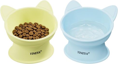YINEYA Elevated Cat Bowls 2 Pcs, Cat Food Bowl to Protect Neck & Anti-Vomit, Whisker-Friendly Raised Food and Water Bowls Set for Indoor Cats/Small Dogs, Cute Pet Feeding Bowl 6 OZ Each, Yellow & Blue in Kuwait