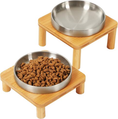 DoogCat Elevated Cat Bowls for Indoor Cats – Raised Bamboo Cat Bowl Stand with 5.75 Inch Wide Ceramic Dishes, Pet Food Plate Table for Easy Feeding, Whisker Friendly(White,Set of 2) in Kuwait