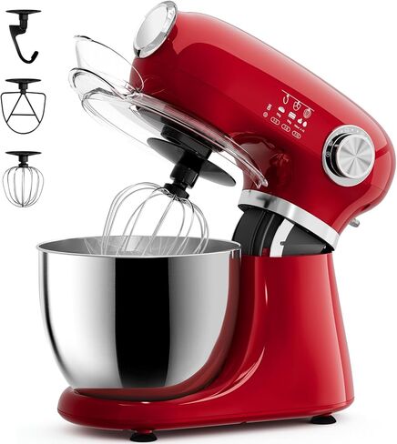 COWSAR Stand Mixer, 12 Speeds Tilt-Head Electric Commercial Stand Mixer, 3-In-1 Kitchen Mixer with Bowl, Dough Hook, Whisk and Beater, Red in Kuwait