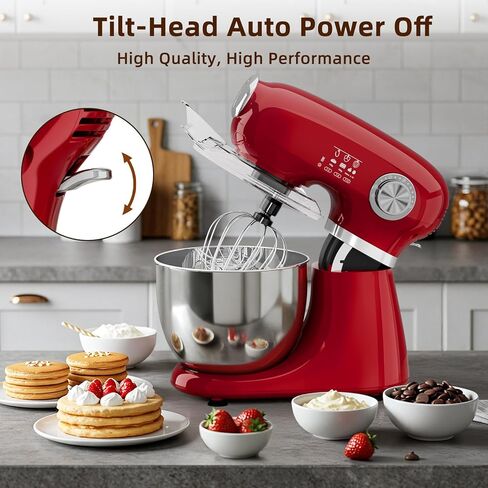 COWSAR Stand Mixer, 12 Speeds Tilt-Head Electric Commercial Stand Mixer, 3-In-1 Kitchen Mixer with Bowl, Dough Hook, Whisk and Beater, Red in Kuwait