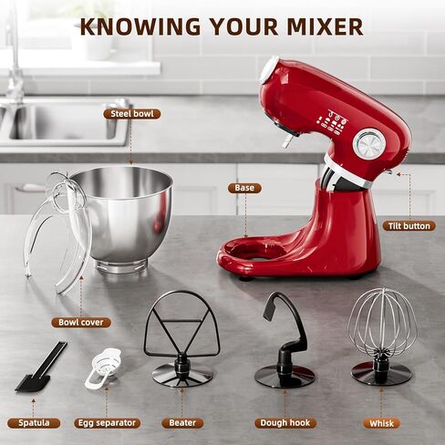 COWSAR Stand Mixer, 12 Speeds Tilt-Head Electric Commercial Stand Mixer, 3-In-1 Kitchen Mixer with Bowl, Dough Hook, Whisk and Beater, Red in Kuwait