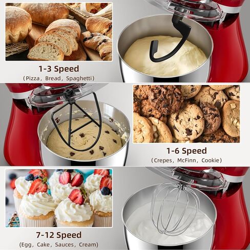 COWSAR Stand Mixer, 12 Speeds Tilt-Head Electric Commercial Stand Mixer, 3-In-1 Kitchen Mixer with Bowl, Dough Hook, Whisk and Beater, Red in Kuwait