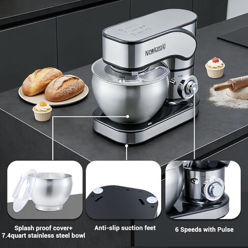 Stainless Steel Stand Mixer, 6-Speed Tilt-Head Mixer with 700W Powerful Motor, 7.4QT Large Capacity Bowl, Electric Kitchen Mixer with Dough Hook, Beater, Whisk for Baking & Dough Making in Kuwait
