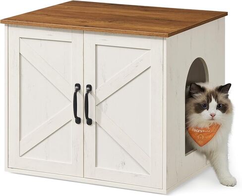 Feandrea Cat Litter Box Enclosure, Hidden Litter Box Furniture, Indoor Pet House End Table, 23.6 x 19.7 x 19.7 Inches, Rustic White and Honey Brown UPCL042W201 in Kuwait