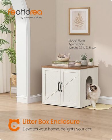 Feandrea Cat Litter Box Enclosure, Hidden Litter Box Furniture, Indoor Pet House End Table, 23.6 x 19.7 x 19.7 Inches, Rustic White and Honey Brown UPCL042W201 in Kuwait