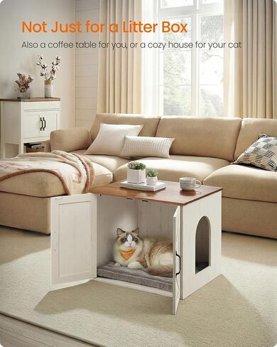 Feandrea Cat Litter Box Enclosure, Hidden Litter Box Furniture, Indoor Pet House End Table, 23.6 x 19.7 x 19.7 Inches, Rustic White and Honey Brown UPCL042W201 in Kuwait