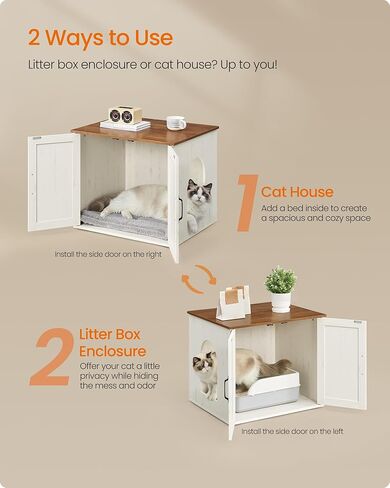 Feandrea Cat Litter Box Enclosure, Hidden Litter Box Furniture, Indoor Pet House End Table, 23.6 x 19.7 x 19.7 Inches, Rustic White and Honey Brown UPCL042W201 in Kuwait