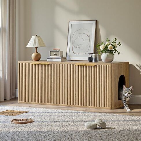 Evermagin 35.4" Walnut Cat Litter Box Enclosure Furniture with Cat Scratch Pad, Large Hidden Litter Box Cabinet with Rounded Corners, Front Entry Can Install Left/Right, Mid Century Modern Kitty Bench in Kuwait