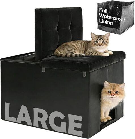 MEEXPAWS Cat Litter Box Enclosure, Hidden Cat Litter Box Furniture with Removable Waterproof Liner and Divider, Velvet Cat Washroom Bench, Dog Proof, Black, 27.5'' x 19.6'' x 19.6'' in Saudi Arabia