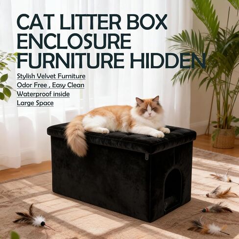 MEEXPAWS Cat Litter Box Enclosure, Hidden Cat Litter Box Furniture with Removable Waterproof Liner and Divider, Velvet Cat Washroom Bench, Dog Proof, Black, 27.5'' x 19.6'' x 19.6'' in Saudi Arabia