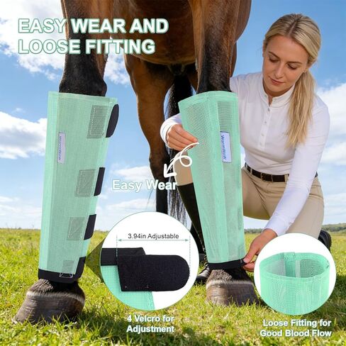 Fly Boots for Horses Set of 4, Loose Fitting Mesh Horse Fly Boots Leggings, Reduce-Stomping Adjustable Equine Leg Wraps & Socks, Stay Up Not Sag, No Rub (Mint) in Kuwait