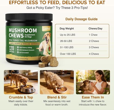 Turkey Tail Mushroom for Dogs,Senior Dog Supplement for Lumps, Bumps & Lipoma,Soft Chews with Reishi, Maitake, Turmeric & Astragalus,Supports Immune Health,Natural Chicken Flavor, 120 Count in Kuwait