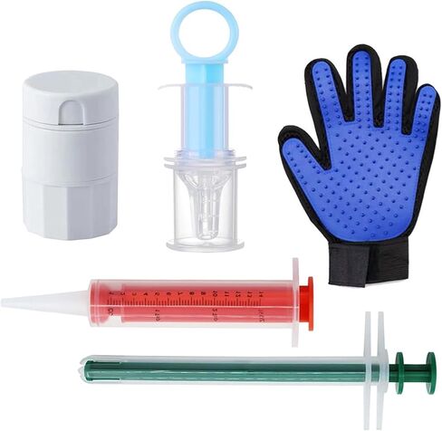 Pill Shooter for Cats Dogs, 5-in-1 Pet Medication Kit with Pill Popper Gun, Liquid Syringe, Anti-Choke Dispenser, Pill Cutter Grinder & Pet Grooming Deshedding Brush Glove | Reusable Safe in Kuwait