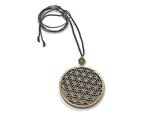Flower of Life Abundance Pendant Necklace, Wooden Sacred Geometry pendant with Tiger Eye Natural Stone Bead by Goa Laser Factory in Kuwait