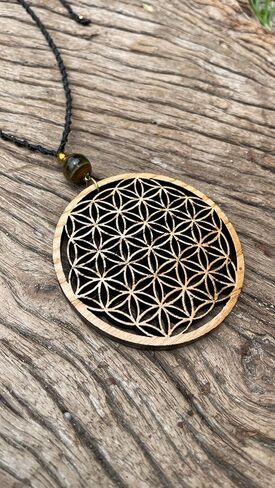 Flower of Life Abundance Pendant Necklace, Wooden Sacred Geometry pendant with Tiger Eye Natural Stone Bead by Goa Laser Factory in Kuwait